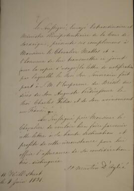 Nota diplomática enviada por Martin d'Aglié (s.d.), para Eustaquio Adolfo de Mello Mattos (1795-s...