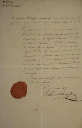 Carta patente original datada de 05 de março de 1827, assinada por Gustavo  Kieckhoefer, nomeando...