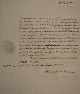 Ofício enviado por Antonio Telles da Silva Caminha e Meneses (1790-1875), Marquês e Visconde de R...