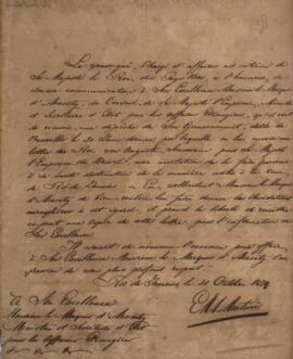 Nota diplomática original, datada de 21 de outubro de 1829, enviada por E. M. A. Martini, encarre...