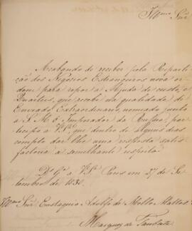 Ofício original com data de 27 de setembro de 1830 em que Luiz de Saldanha da Gama Mello e Torres...