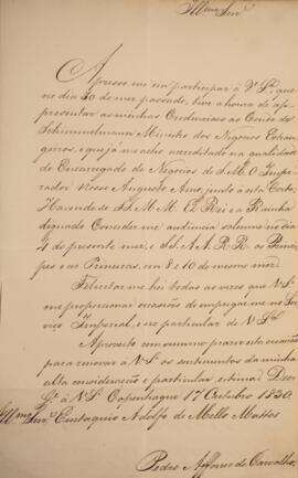 Ofício original com data de 17 de outubro de 1830 em que Pedro Afonso de Carvalho comunica a Eust...