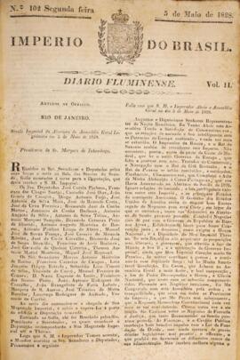 Panfleto original n° 102 do Jornal Diário Fluminense, datado de 05 de abril de 1828, contendo a f...