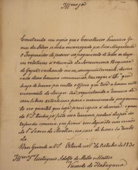 Ofício original com data de 01 de outubro de 1830 em que Manuel Rodrigues Gameiro Pessoa (1800-18...