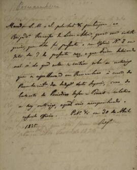 Minuta de despacho, com data de 30 de abril de 1825, transmitindo o encaminhamento de um ofício d...