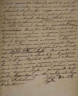 Minuta de Despacho, com data de 9 de setembro de 1825, acusando o recebimento dos documentos enca...