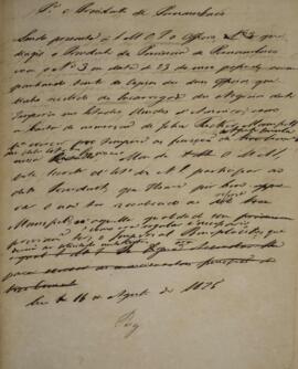 Minuta de despacho enviada para o presidente da província de Pernambuco, com data de 16 de agosto...