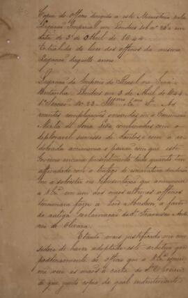 Cópia de ofício escrito por Joaquim Maria Nascentes de Azambuja(1812 - 1896), com data de 3 de ab...