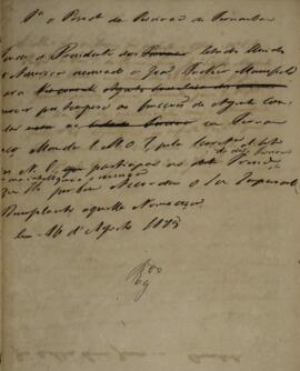 Minuta de despacho enviada para o presidente da província de Pernambuco, com data de 16 de agosto...