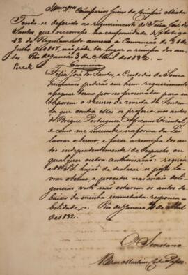 Requerimento original, escrito por Braz Martins Costa Passos, com data de 3 de abril de 1832, sol...