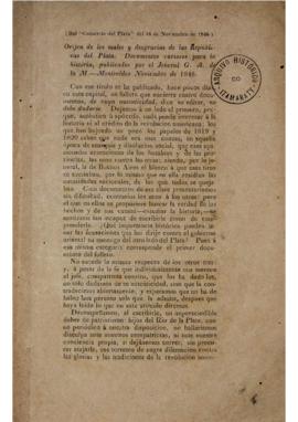 Artigo do Jornal Comércio del Plata de 18 de novembro de 1846 analisando documentos de 1819 e 182...