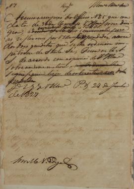 Despacho enviado pelo Monsenhor Francisco Corrêa Vidigal (s.d-1838) em 20 de junho de 1827 sobre ...