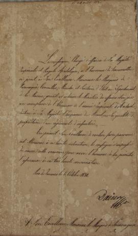 Oficio expedido por Barão de Daiser a Francisco Vilela Barbosa (1769-1846), Marquês de Paranaguá,...