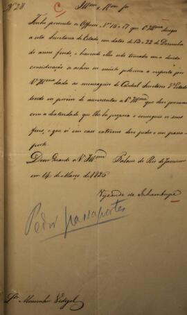 Carta original enviada por Antônio Luiz Pereira da Cunha (1760-1837), Visconde de Inhambupe, ao M...