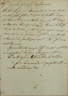 Circular enviada para o corpo diplomático estrangeiro em 29 de dezembro de 1830, comunicando luto...