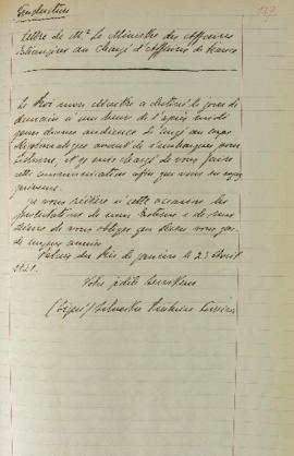 Despacho enviado por Silvestre Pinheiro Ferreira (1769-1846), em 23 de abril de 1821, fazendo ref...