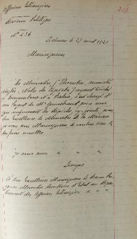 Despacho enviado pelo senhor Lemps ao Barão de Pasquier (1767-1862), em 29 de agosto de 1821, inf...