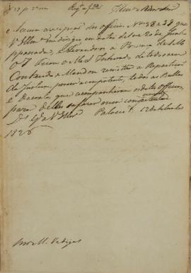 Despacho enviado pelo Monsenhor Francisco Corrêa Vidigal (s.d-1838) em 12 de setembro de 1826, si...