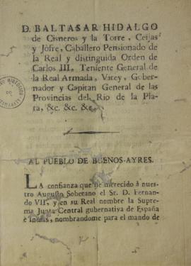 Proclamação de 15 de julho de 1809 em que Baltasar Hidalgo de Cisneros (1755-1829) agradece ao Re...