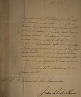 Ofício original enviado por Izidoro da Costa e Oliveira, para D. Manuel de Assis Mascarenhas (180...