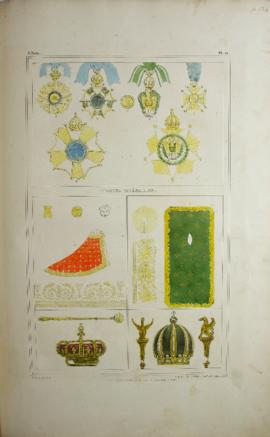 Ilustração contendo 5 imagens coloridas de brasões, coroas e artefatos reais de D. Pedro I. Produ...
