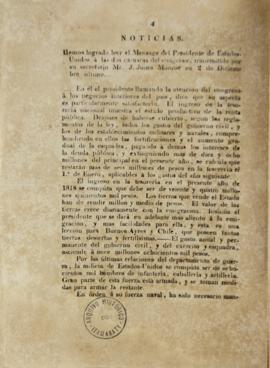 Artigo do jornal “El Censor” do dia 2 de dezembro de 1818 relatando sobre o bom desempenho econôm...