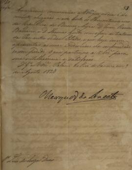 Cópia de despacho n.20 enviado por João Carlos Augusto de Oyenhausen-Gravenburg (1776-1838), Marq...
