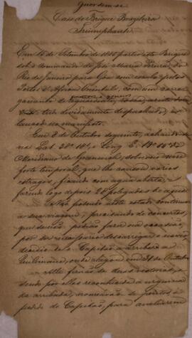 Requerimento original datado de 2 de outubro de 1859 enviado por Antônio de Souza Ribeiro (s.d.) para D. Pedro II (1825-1891) narrando as circunstâncias nas quais o brigue brasileiro “Triunfante” havia sido apreendido por um navio de guerra britânico no ano de 1846. Remete documentos comprobatórios da ilegalidade da captura e julgamento do mesmo, no intuito de servirem de embasamento ao processo de reclamação de indenização pelos prejuízos causados pela perda do navio e seu carregamento. Contém anexos.