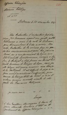 Despacho enviado pelo senhor Lemps ao Barão de Pasquier (1767-1862), em 10 de novembro de 1821, i...