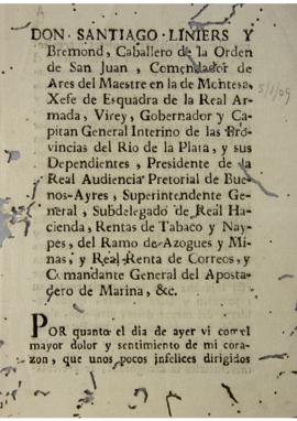 Proclamação de 2 de janeiro de 1809 escrito por Santiago de Liniers (1753-1810) relatando a movim...