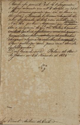 Despacho enviado pelo Vicente Antonio da Costa em 8 de novembro de 1825. Acusa o recebimento do o...
