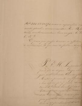 Petição original assinada por Antonio de Souza Ribeiro, com data de 9 de março de 1860, solicitando ao Império que entregue a documentação anexa referente ao patacho Nova Sociedade à Comissão Mista Brasil-Grã-Bretanha, para que assim possa ser indenizado pelo apresamento da embarcação. Contém anexos.