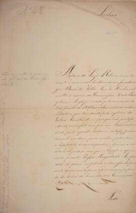 Requerimento original enviado por Antônio de Souza Ribeiro (s.d.) para D. Pedro II (1825-1891), com data de 9 de fevereiro de 1860, rogando que mande remeter o manifesto de saída da galera baleeira “Constante” ao exame da Comissão Mista anglo-brasileira no processo de reclamação de indenização pela captura da referida embarcação.