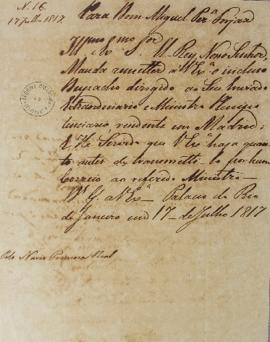 Ofício nº 16 de 17 de julho de 1817, endereçada a Miguel Pereira Forjaz (1769-1827), referente a ...