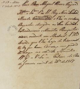 Ofício nº 17 de 05 de setembro de 1817, endereçada a Miguel Pereira Forjaz (1769-1827), referente...