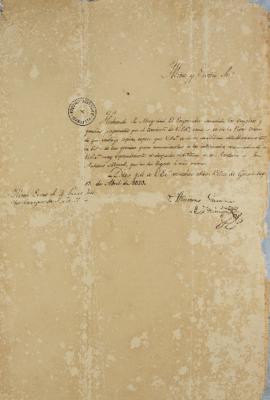 Ofício de 13 de abril de 1823, enviado por Tomás García Zuñiga (1780-1843) para Lucas José Obes (...