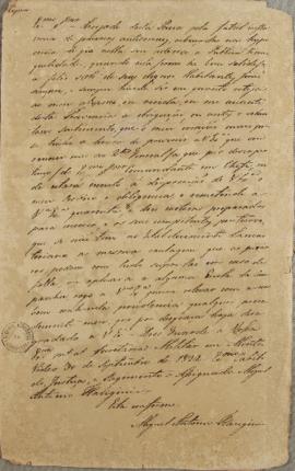 Ofício de 30 de setembro de 1822, escrito por Miguel Antônio Flangini (s.d.), relatando o envio d...