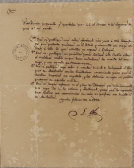 Ofício escrito por Lucas José Obes (1782-1838), em 25 de fevereiro de 1823, contendo as providênc...
