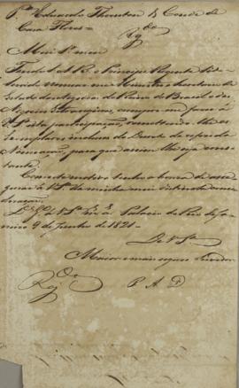 Circular enviada por Pedro Álvares Diniz (s.d.), em 9 de junho de 1821. Menciona as cópias dos de...