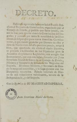 Decreto de 26 de março de 1824 sobre a aprovação da Constituição Brasileira de 1824 organizada pe...