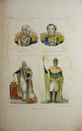 Ilustração contendo 4 imagens coloridas de D. João VI e D. Pedro I, em busto e corpo inteiro. Pro...