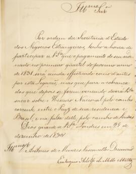 Ofício original enviado por Eustáquio Adolfo de Mello Mattos (1795-s.d), para Antônio de Menezes ...