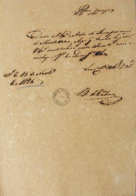 Ofício de 15 de novembro de 1825 enviado por Estevão Ribeiro de Resende (1777-1856), o Barão de V...