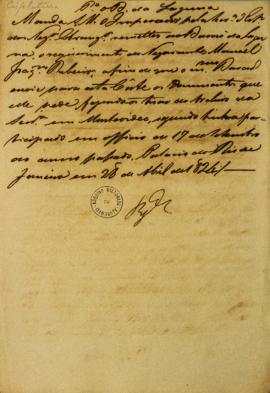 Minuta enviada em 28 de abril de 1824 ao Barão da Laguna (1764 – 1836) solicitando os documentos ...