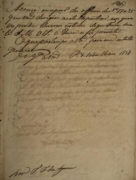 Minuta de despacho enviado para T. F. de Aguiar, com a data de 10 de maio de 1827, acusando o rec...