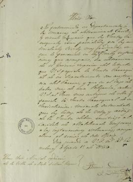 Carta de 1 de agosto de 1823, enviada por Tomás García de Zuñiga (1780-1843) a Manuel Boyano, dan...