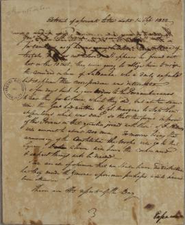 Extrato de carta de 14 de setembro de 1822 enviada a Bertrand Armstrong, relatando sobre moviment...