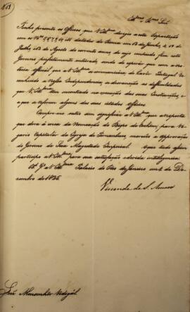 Aviso original enviado por José Egídio Alvares de Almeida, Visconde de Santo Amaro (1767-1831), a...