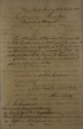 Ofício de 16 de novembro de 1829, de Steen Bille, cônsul da Dinamarca, endereçada a João Carlos A...