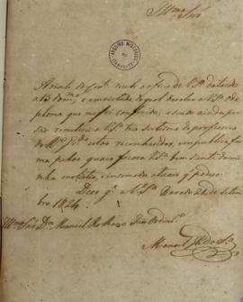 Carta de 21 de setembro de 1824, enviada por Manuel Gonçalves da Silva para Manuel Rollano, infor...